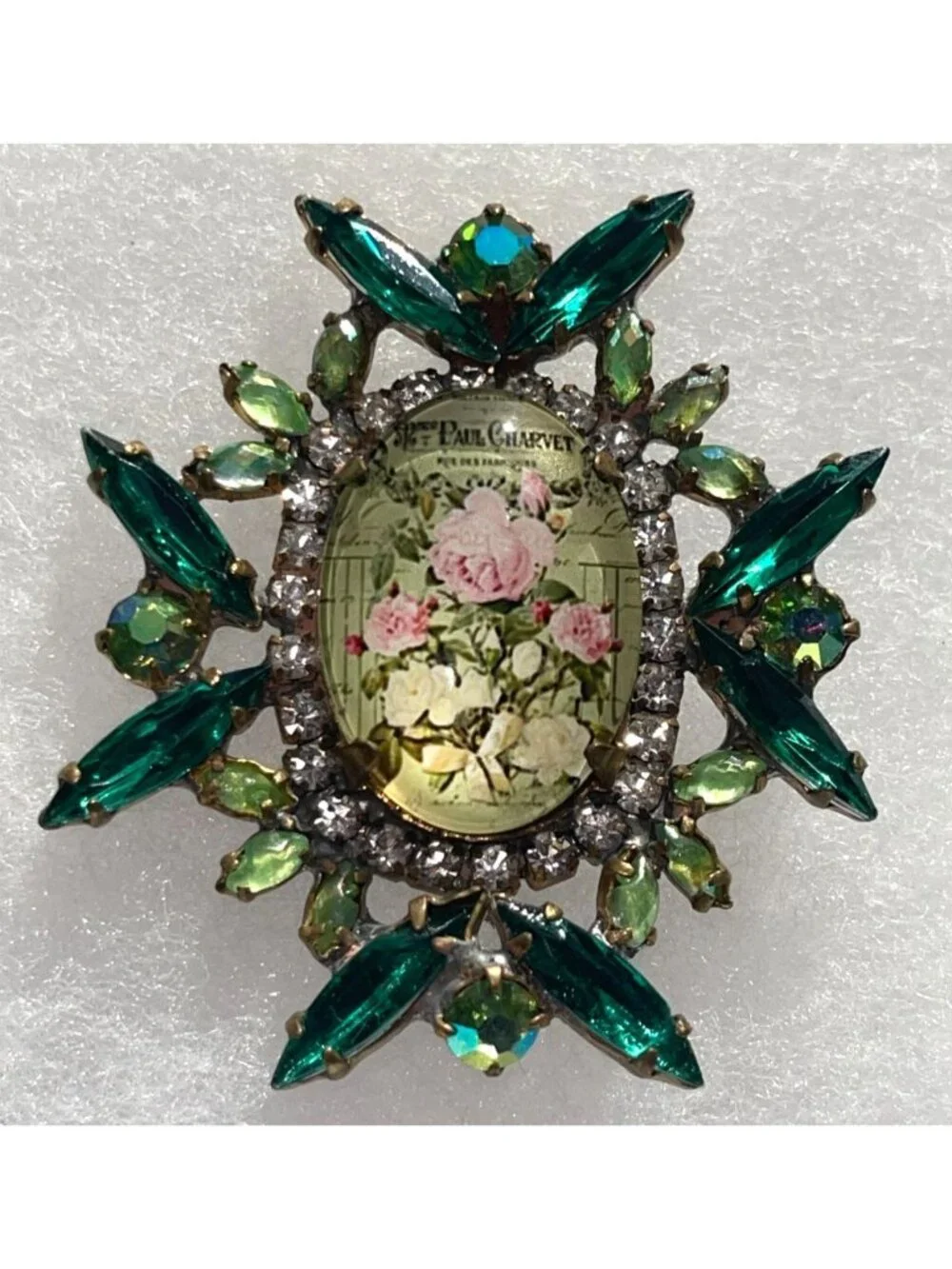 Vintage Czech Paul Charvet Floral Glass Brooch With Emerald Green Rhinestones Pi